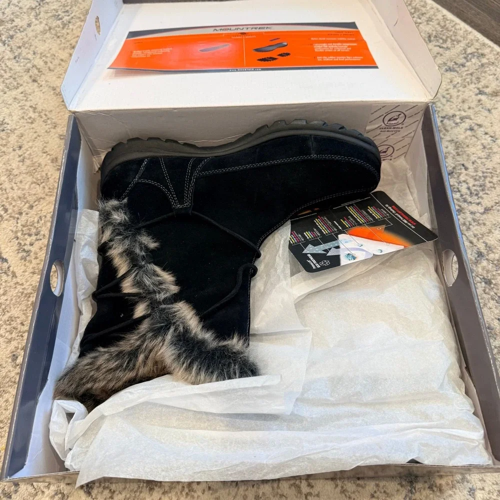 NIB MOUNTREK Ellie Lodge Mid Black Suede Faux Fur Winter‎ Boots Womens 9.5